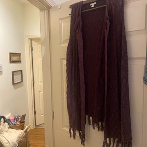 Cato Maroon Knit Long Bohemian Vest with Fringe